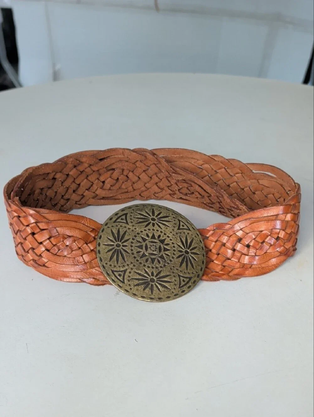 bebe Braided Tan Soft Shiny Leather Belt w/ Antique Brass Medallion Length 43